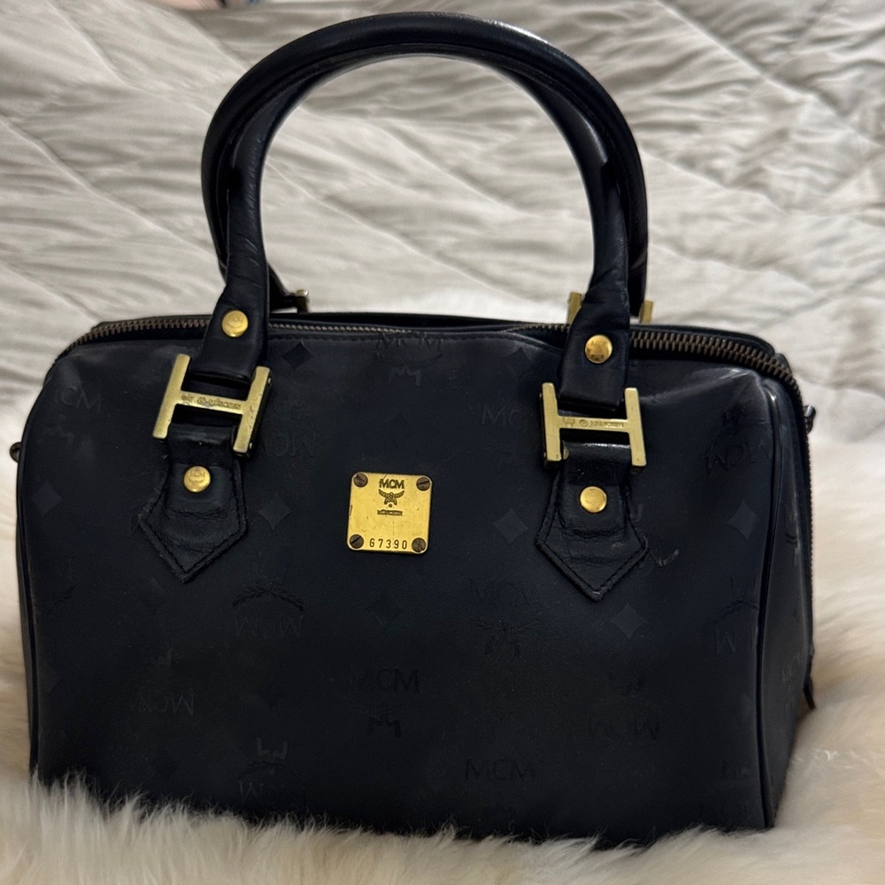 MCM Black Boston Satchel with Gold Accents